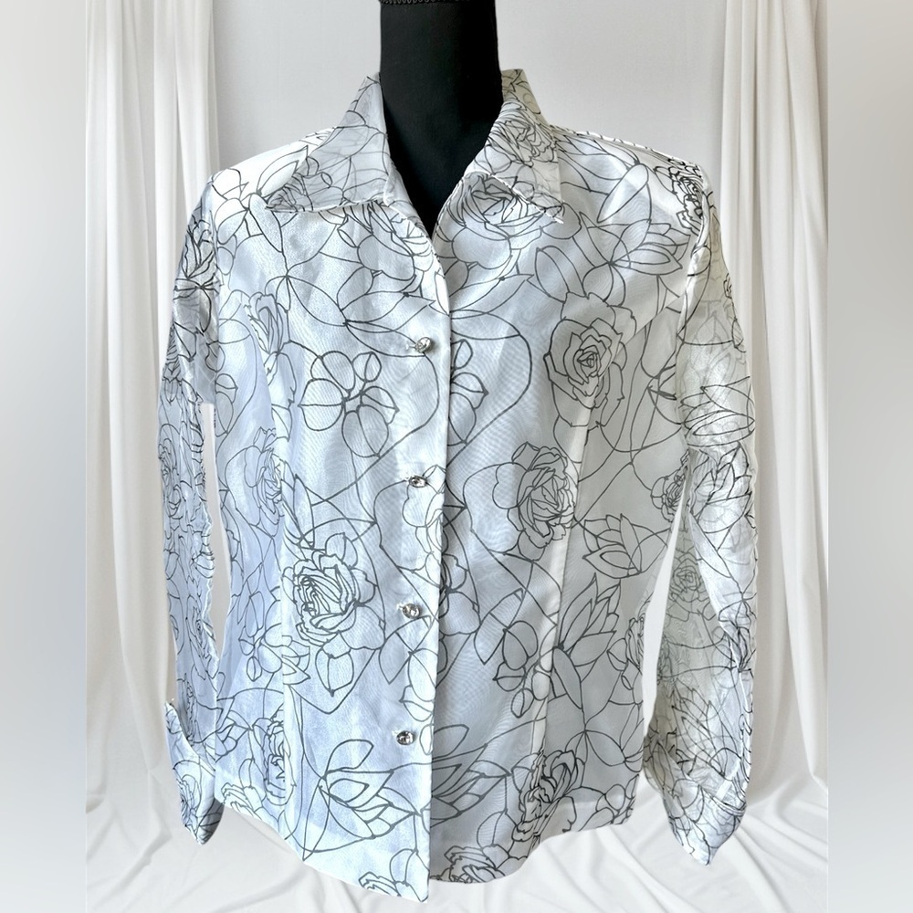 Metaphor Special Occasion Formal Blouse White Black Floral Design Rhinestone 14